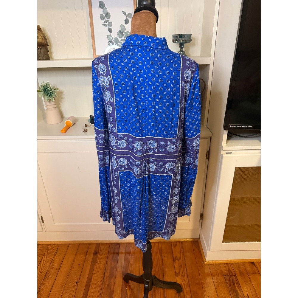 Free People Blue Mixed Floral Geometric Print Mini Dress Ruffle Cuff XS